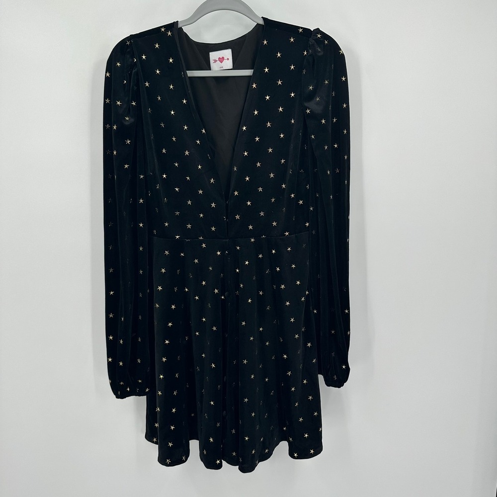 Womens Whimsigoth Babydoll Velvet Mini Dress Size L Witchy Celestial Stars Black